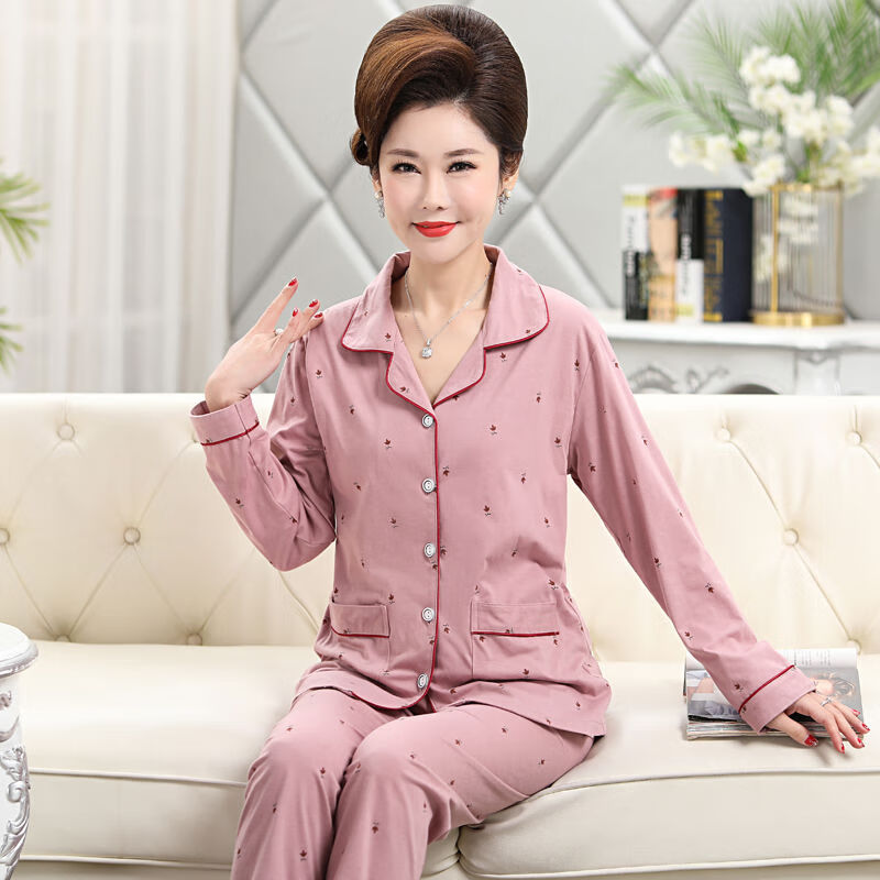 慧衫妈妈睡衣女春秋长袖中老年纯色棉质大码婆婆老人奶奶秋冬薄款套装