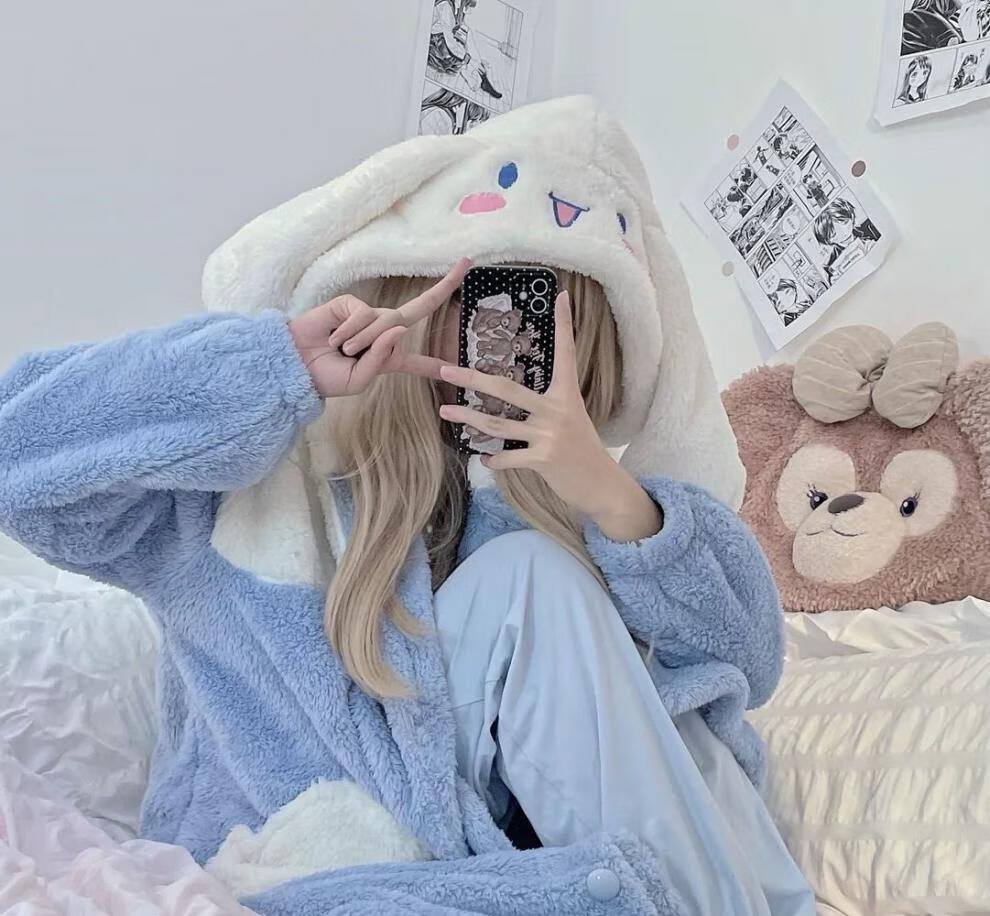 北沐晨bmc韩版秋冬珊瑚绒睡衣女玉桂狗连帽可爱少女ins卡通长款睡袍外