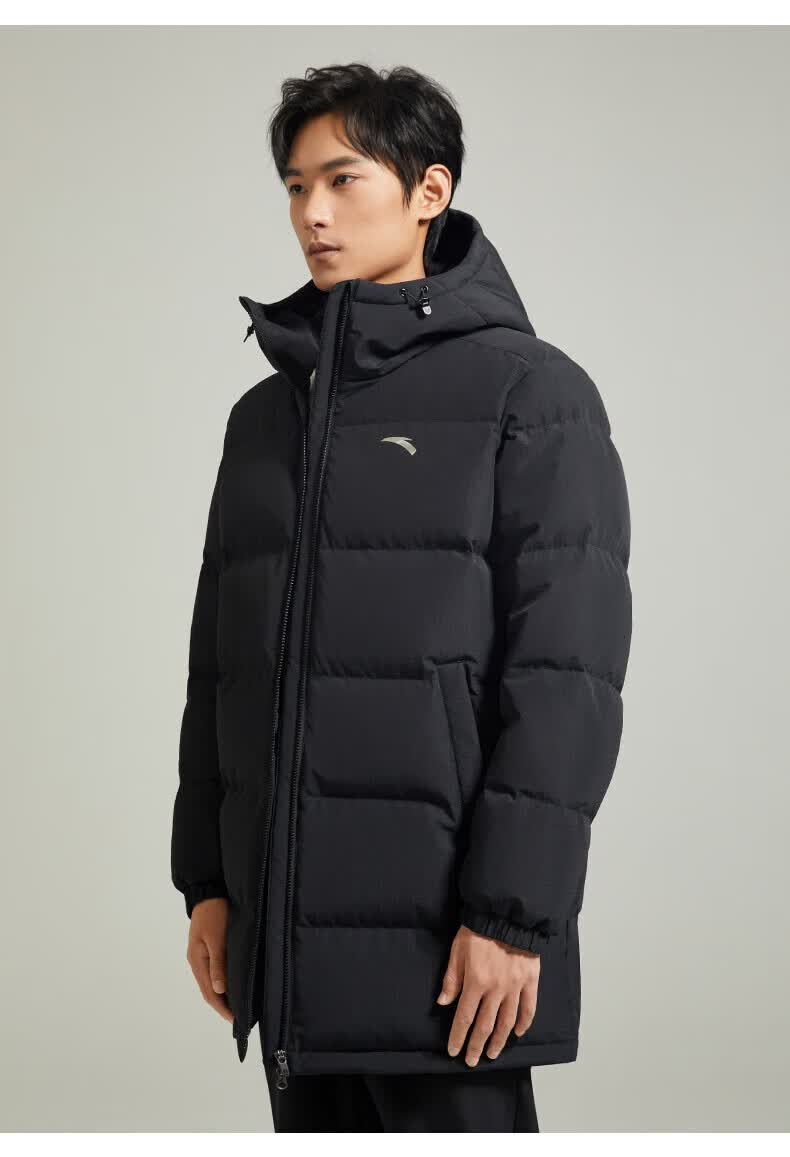 安踏(anta)男中长款羽绒服2022秋冬季男士面包服运动连帽棉服鸭绒保暖