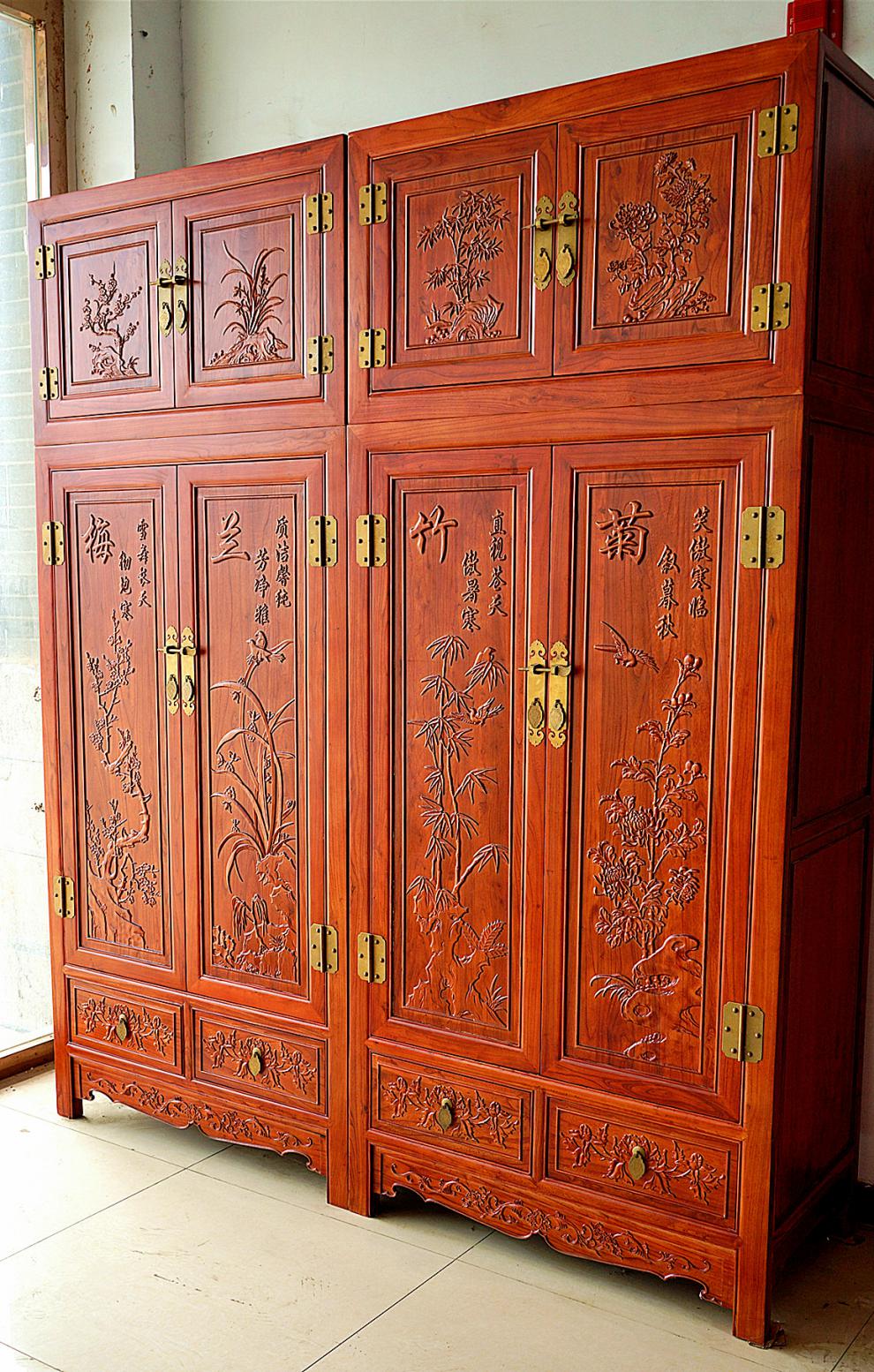 老榆木实木衣柜老榆木大衣柜顶箱柜衣物柜储藏柜明清仿古卯榫雕花家具