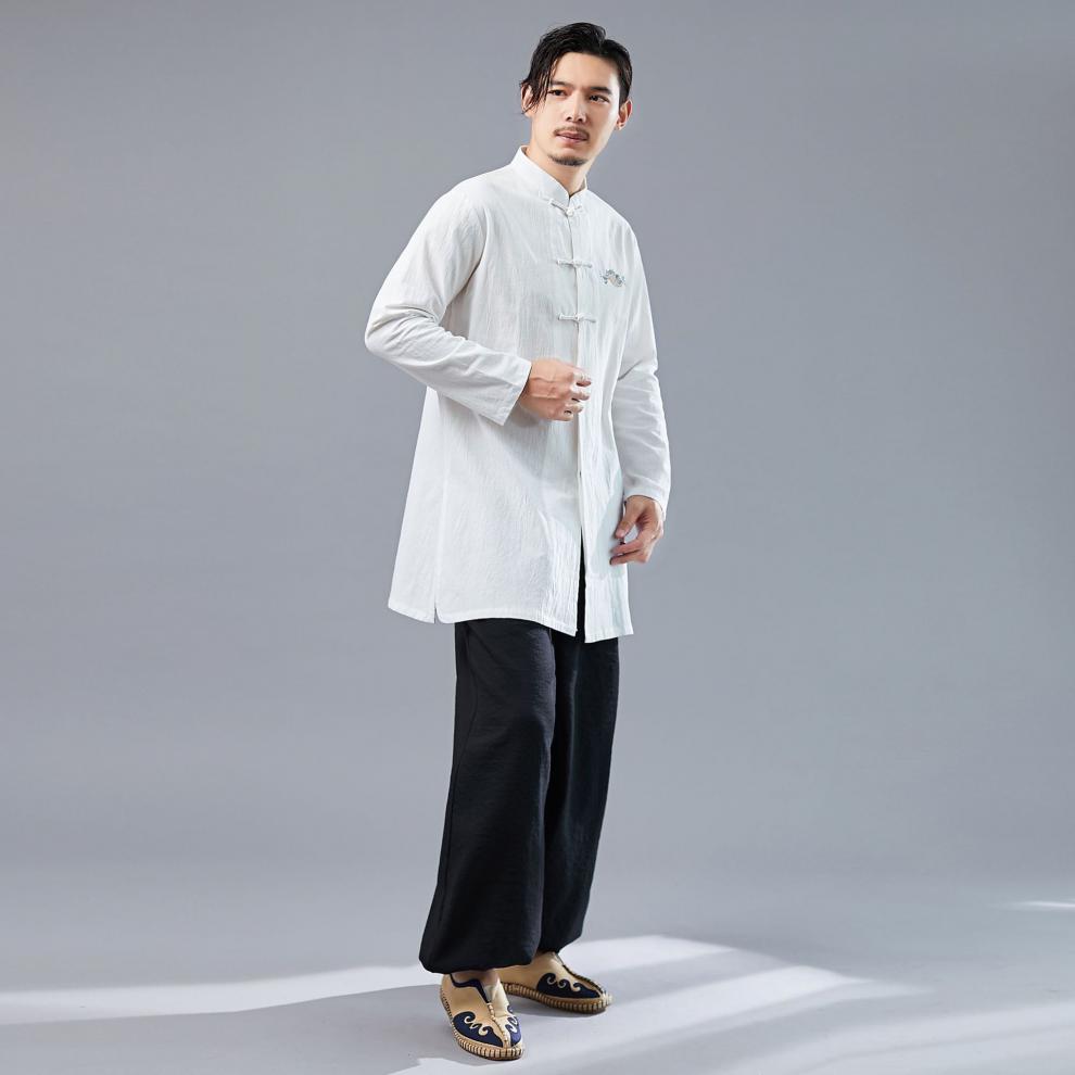 新中式服装男装秋季复古中国风男式盘扣立领衬衫刺绣中长款白色m