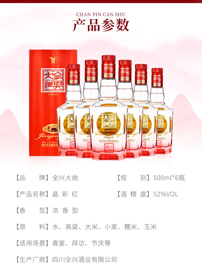 全兴大曲晶彩红浓香型四川白酒整箱纯粮食酿造42度500ml1单瓶装