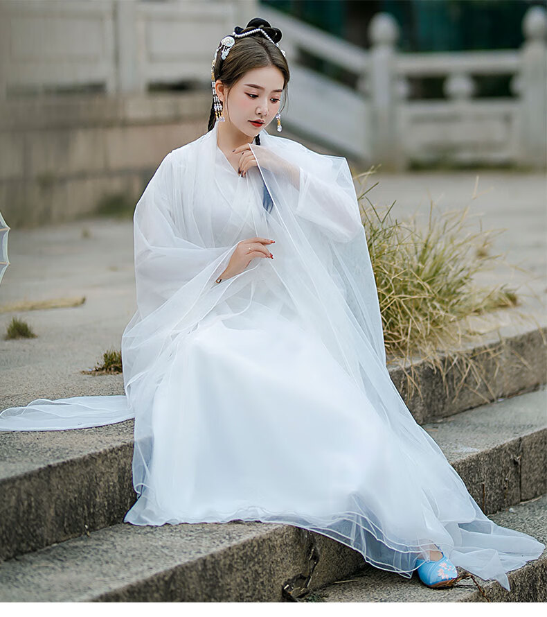 弹古筝的古装衣服白色改良汉服女仙女演出服飘逸超仙气广袖流仙裙全套