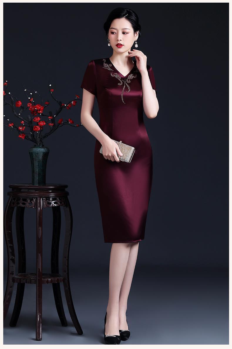 皮尔卡丹低领阔太太旗袍式连衣裙婚礼妈妈高贵礼服洋气时尚喜婆婆婚宴