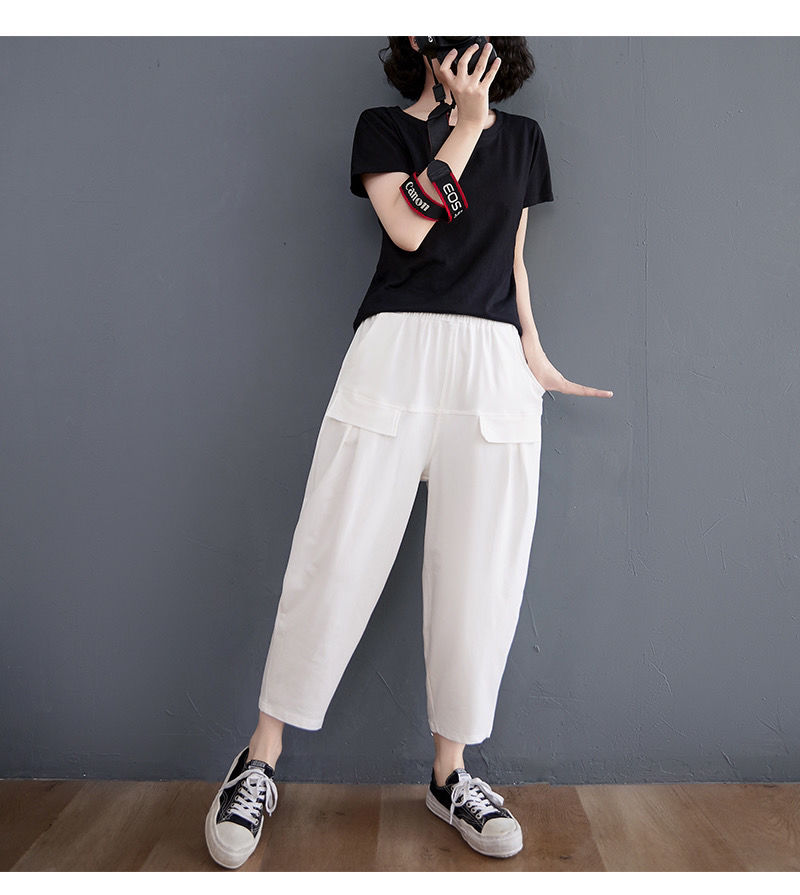 新款七分哈伦裤女夏季宽松休闲老爹阔腿萝卜裤胖妹显瘦灯笼垮裤子黑色