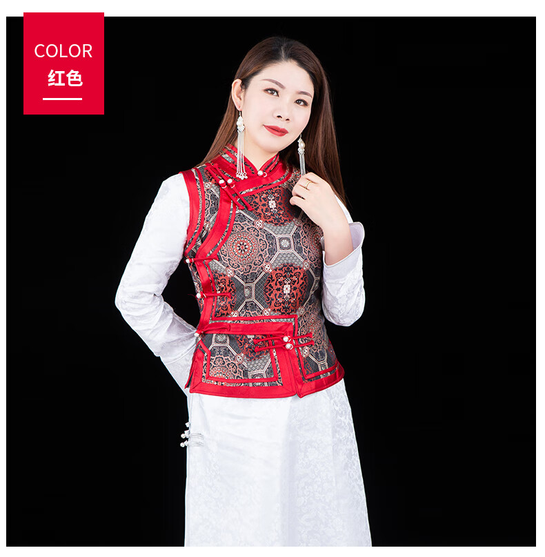 蒙古服装女马甲民族特色双层黑色里衬蒙古族款时尚女士少数民族 红色
