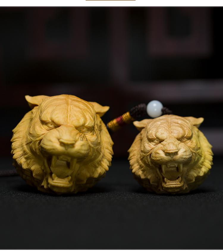 老人礼物祝寿把玩木质黄杨木雕刻十二生肖动物老虎头挂件文玩手把件男