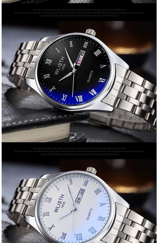 沃力仕蓝光镜面男士石英表钢带防水夜光男女手表商务双历表表女款黑面