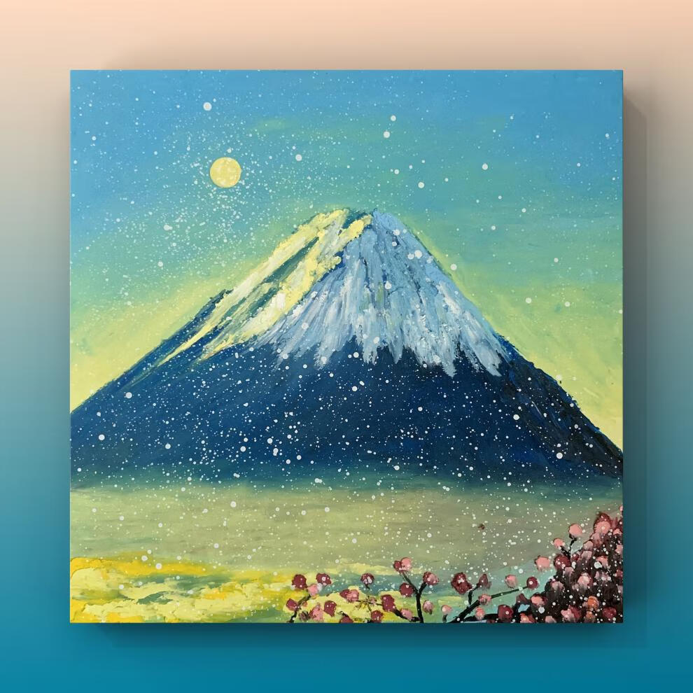 迷你小油画棒画手绘成品装饰画浪漫富士山ins小众文艺风景富士山日出