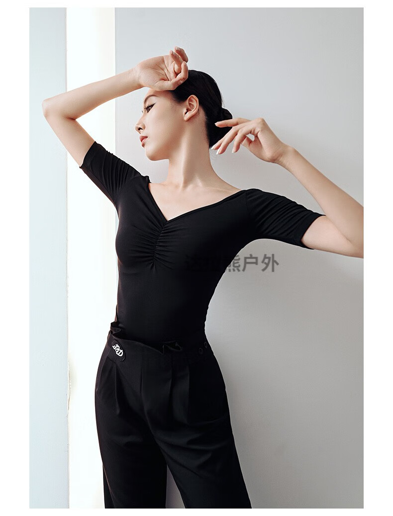 服摩登舞上衣女拉丁舞蹈服装交谊舞桃心领抽褶国标练功服黑色桃心领
