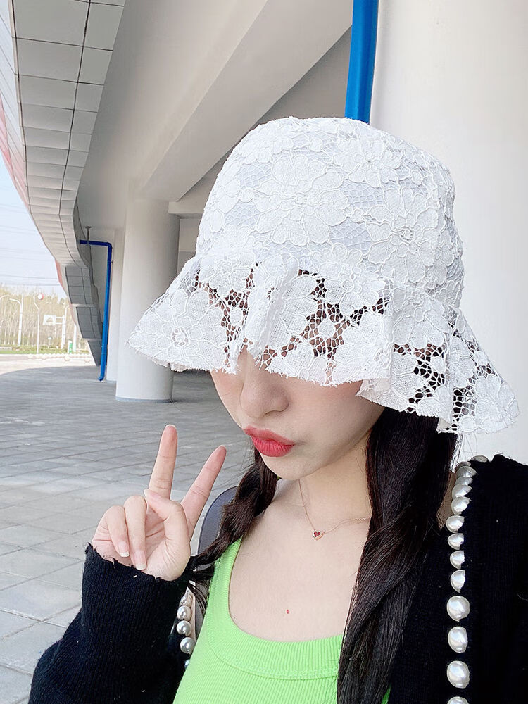 蕾丝渔夫帽女韩版百搭潮遮脸夏季薄款花朵镂空太阳帽遮阳帽子新品白色
