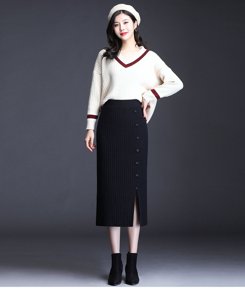 半身裙女高腰春秋季新款针织黑色包臀裙半身裙女开叉直筒一步裙中长款