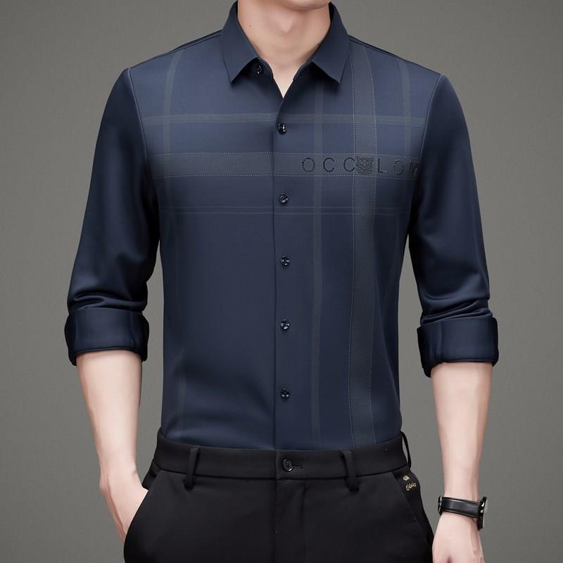 卡尔皮诺款冬季加绒加厚韩版修身休闲格子衬衫免熨烫衬衣男21813藏青