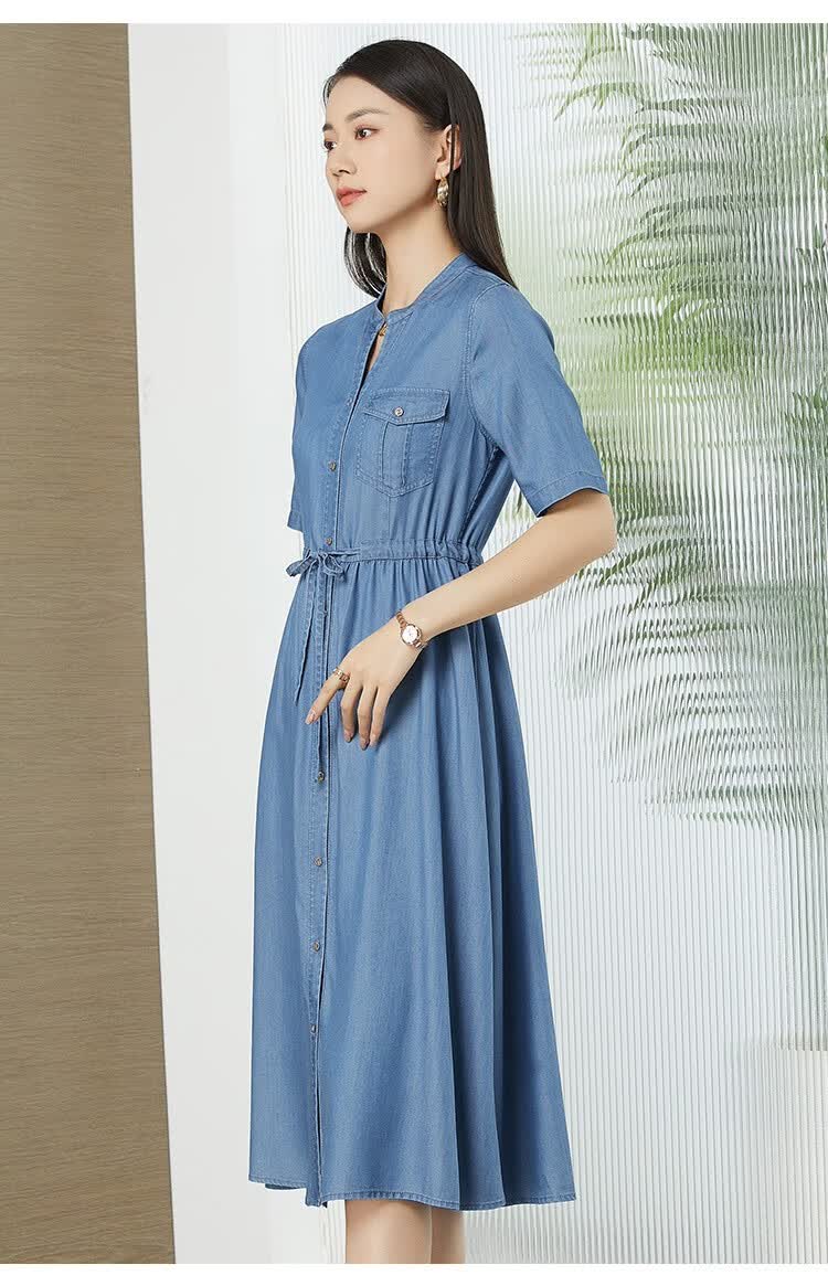 梦舒雅天丝牛仔连衣裙女2022夏季新品气质抽绳收腰显瘦圆领连垂感衬衫