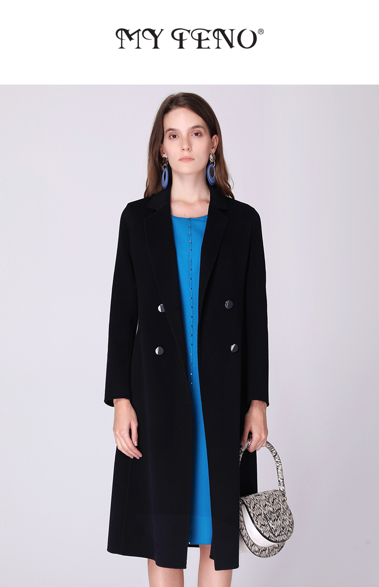 马天奴2021秋冬新款藏青色西装领双排扣过膝中长款双面呢大衣外套藏青