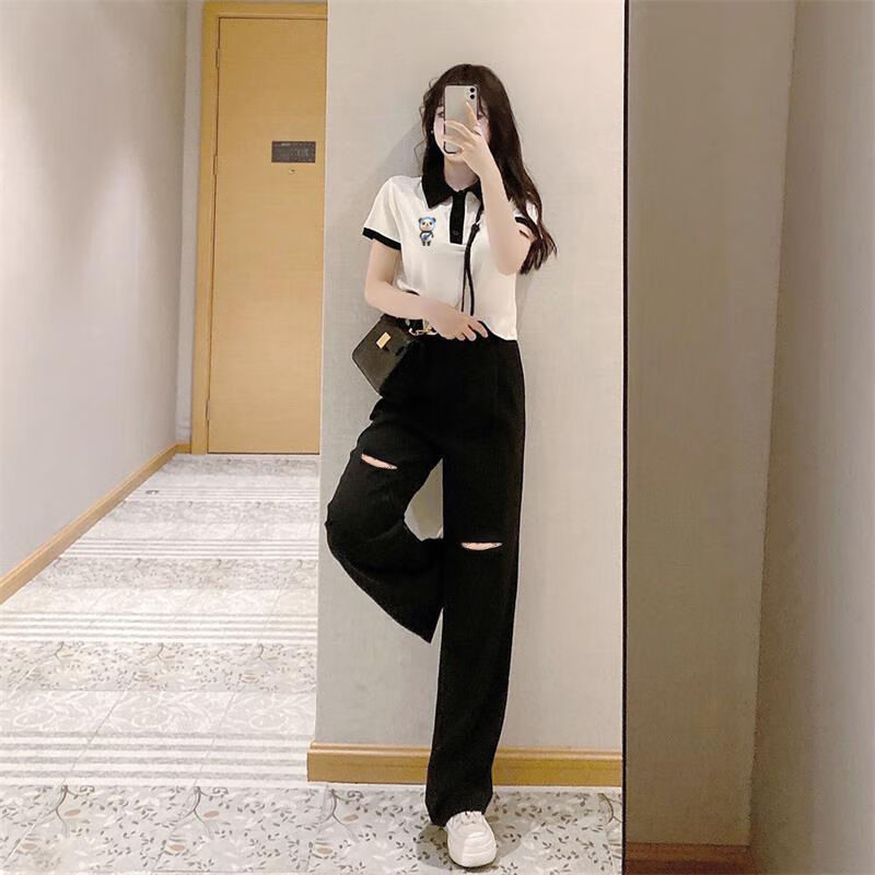 套装休闲裤女夏季新款时尚学生韩版洋气小个子破洞阔腿裤网红两件装