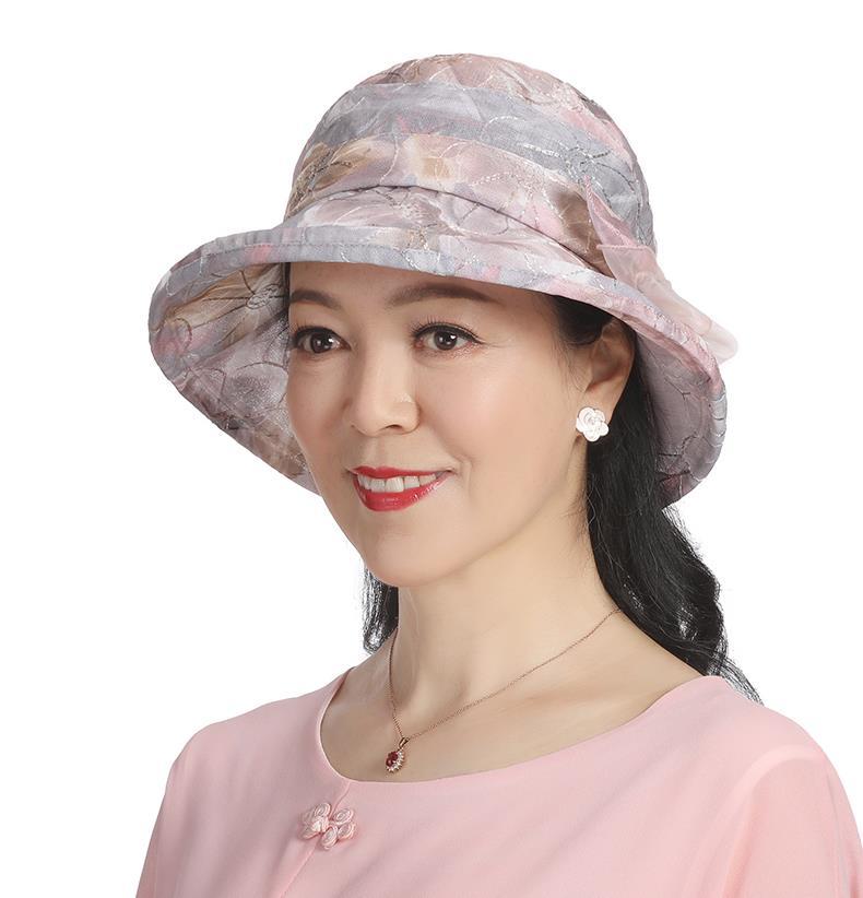 中老年帽子女夏天透气遮阳帽防晒太阳帽中年妈妈洋气渔夫帽薄浅紫均码