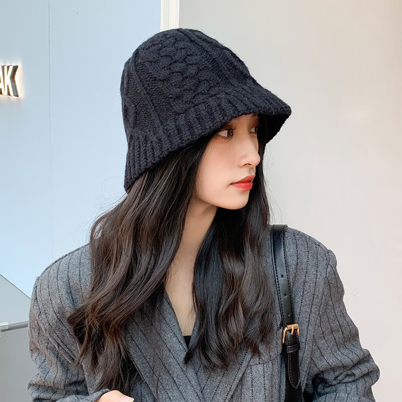 趣得秋冬季麻花针织帽女大头围帽子显脸小复古毛线帽韩版纯色保暖盆帽