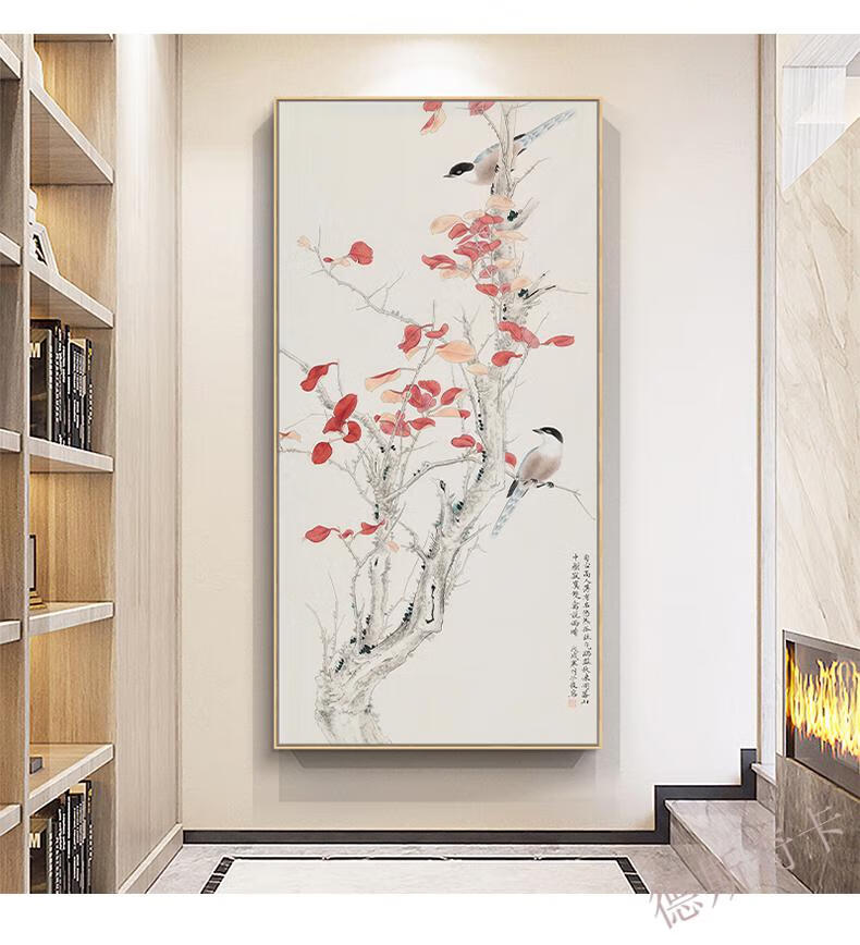 红叶喜鹊新中式进门玄关走廊过道竖版有框古风花鸟复古装饰画国画 d