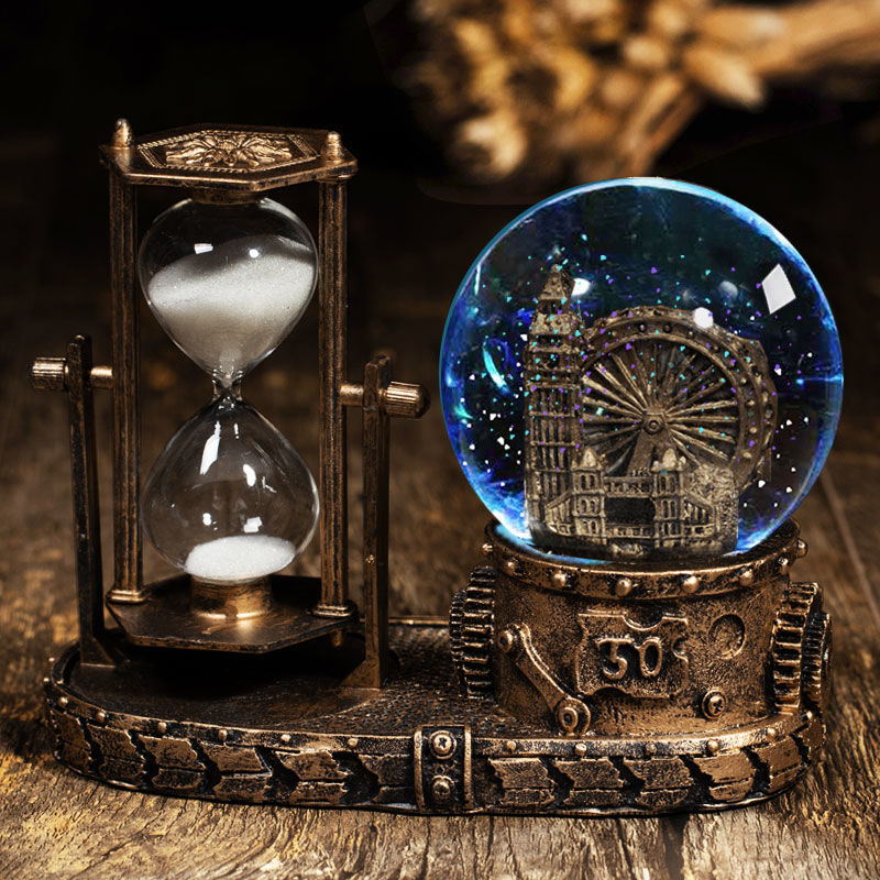 【现货速发】水晶球复古沙漏计时器摆件家居客厅创意音乐盒装饰品高档