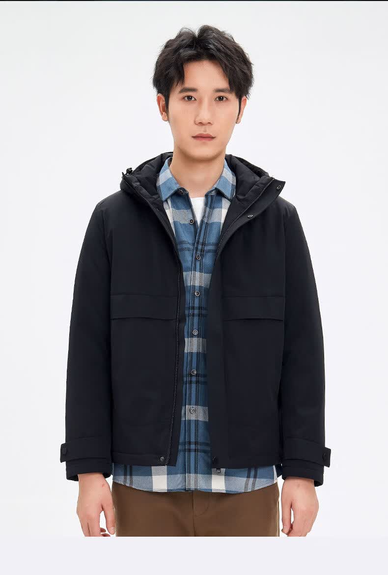 爱登堡男士羽绒服短款秋冬时尚连帽派克百搭潮流冬装工装外套卡其170m