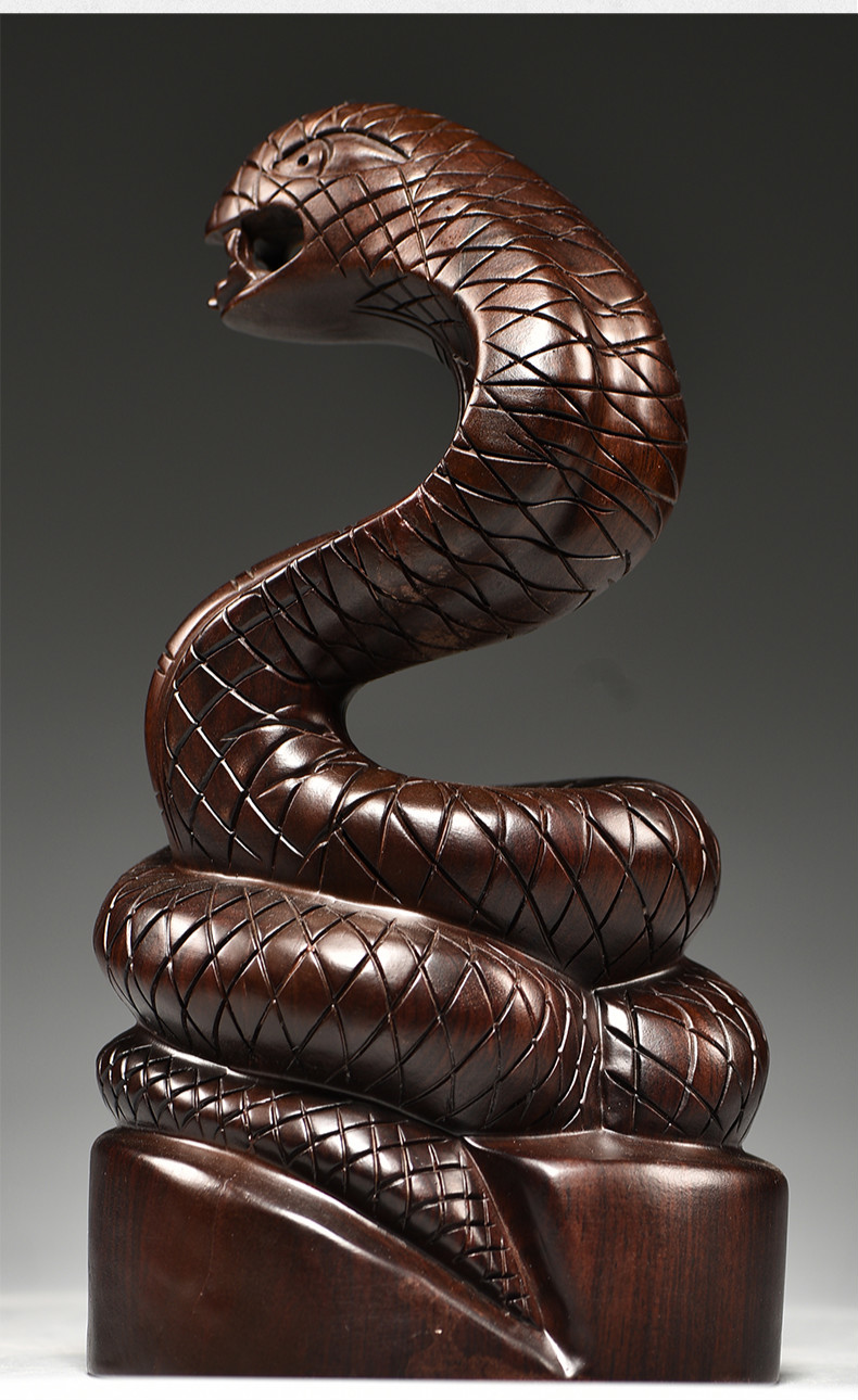 杞记木雕蛇摆件三合十二生肖木头蛇眼镜蛇家居客厅装饰红木工艺品精雕
