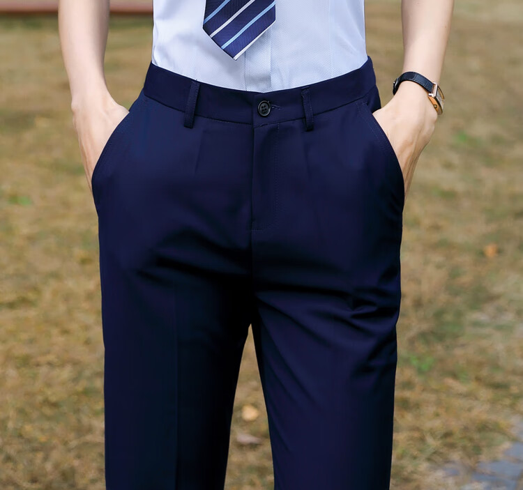 新款女装深蓝色西裤女士半松紧腰直筒免烫职业西装裤子夏季正装深灰色