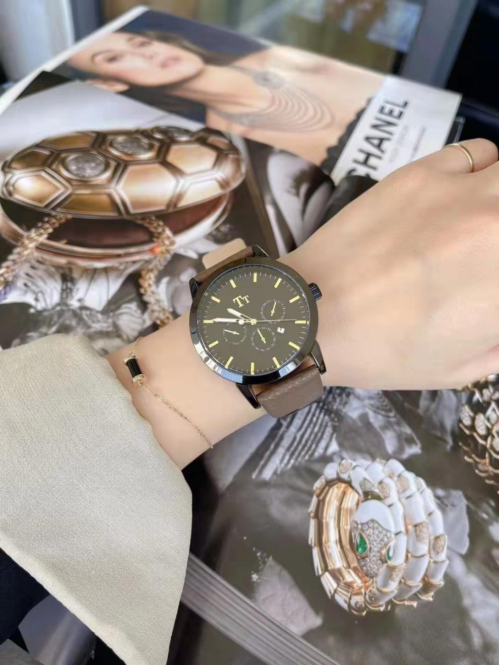 tt网红手表女圆形皮带情侣石英表男学生韩版简约潮流防水日历腕表