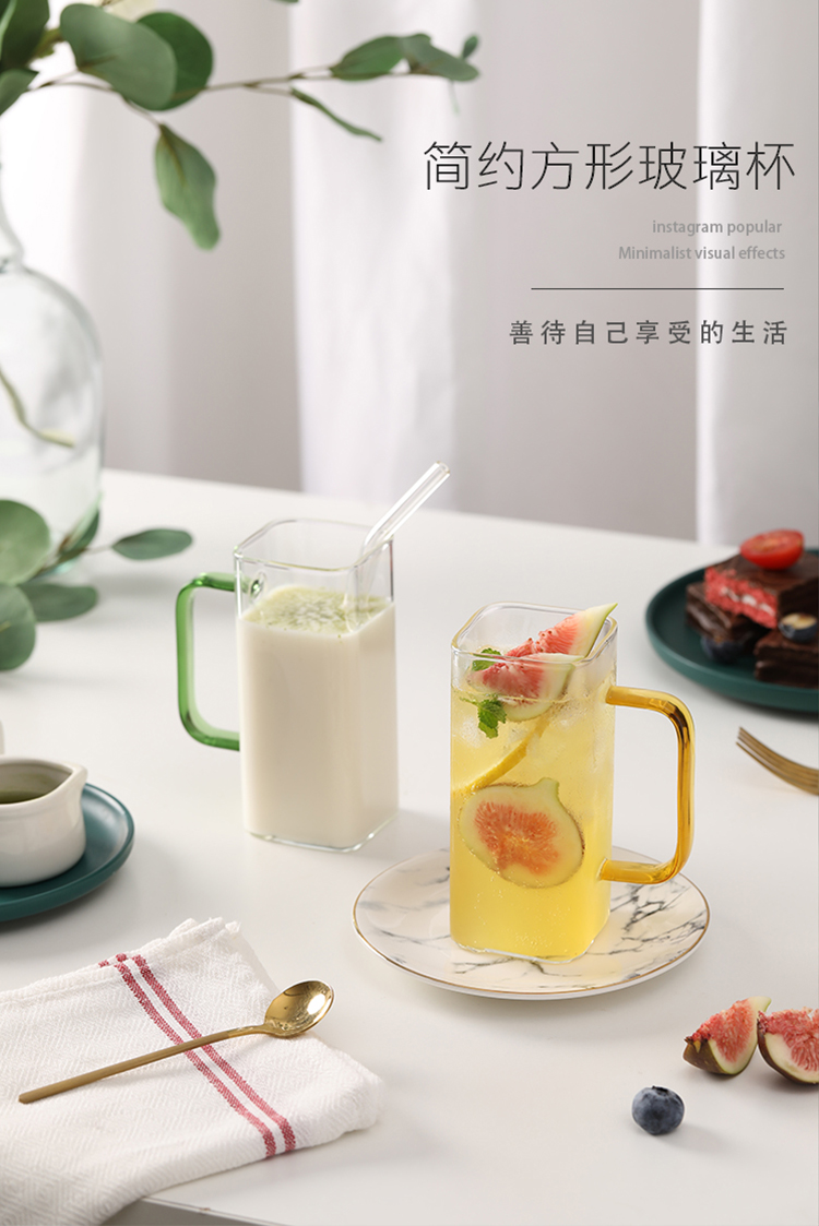 乐在美玻璃杯方形带把手家用ins高颜值吸管水杯女平底可加热杯子透明