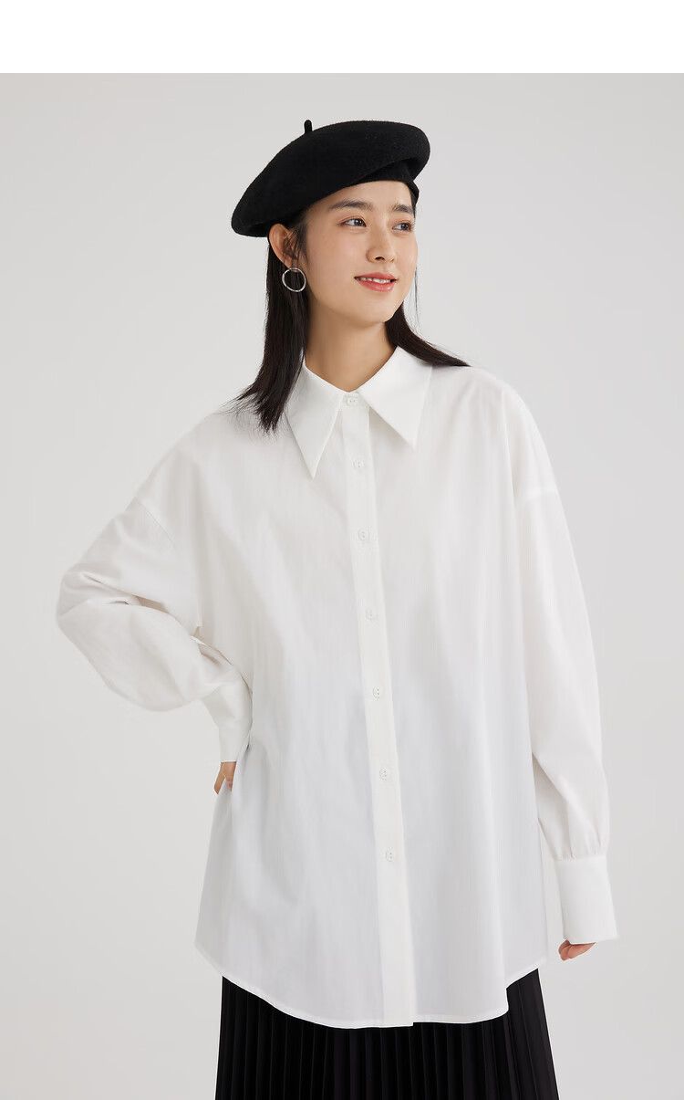 茵曼翻领衬衫女2022年春季新款宽松通勤百搭休闲尖领简约纯棉衬衣白色