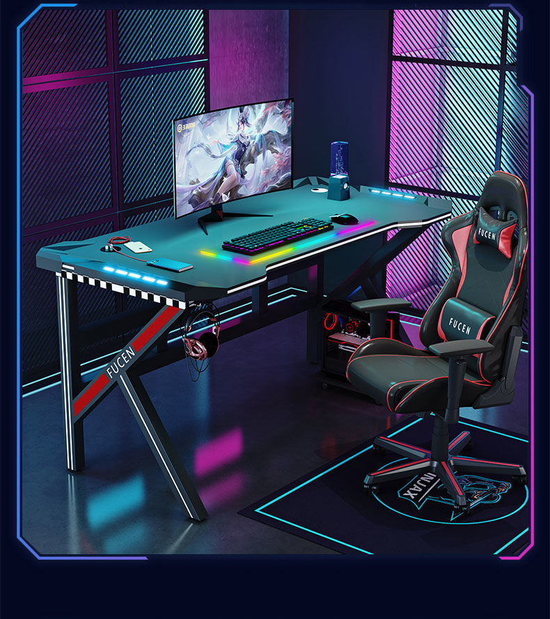 电竞桌台式电脑桌家用书桌一体简易游戏桌椅组合套装办公竞技带灯黑色