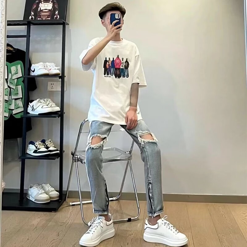 苏六6同款快手网红苏6裤子拉链破洞牛仔裤男款精神小伙直筒高街九分裤
