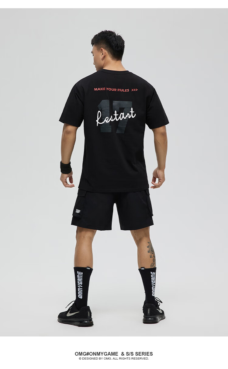 omg潮牌夏季纯棉健身短袖男士休闲圆领印花宽松运动t恤透气吸汗白色xl