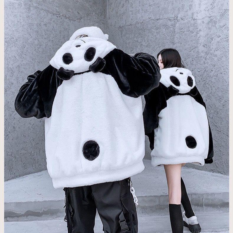高品质卫衣女冬季新款冬加绒加厚外套女连帽潮流宽松熊猫穿情侣卫衣超