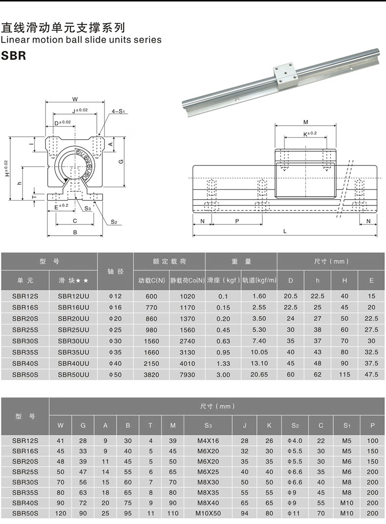 sbr20光轴导轨 直线导轨滑块 直线滑轨导轨木工线轨滑动轴承全套 sbr