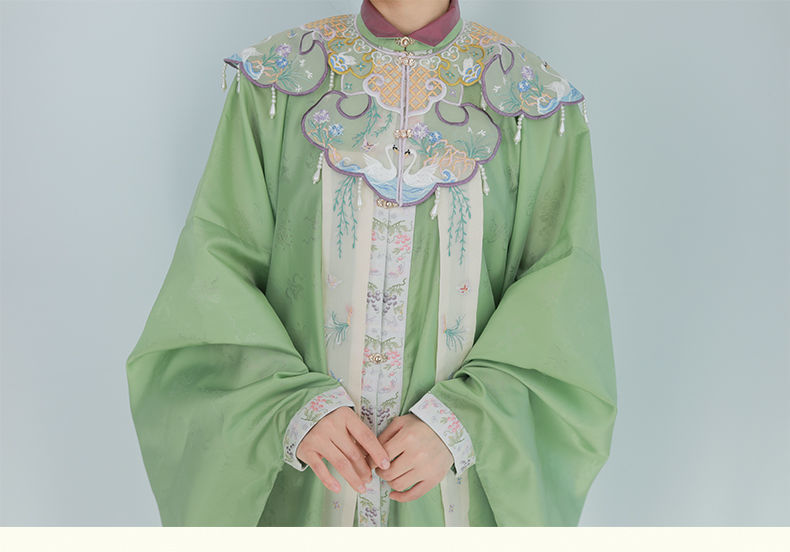 黎落阁明制云肩汉服飘带单卖刺绣百搭重工珍珠披肩绣花天鹅配饰蓝色