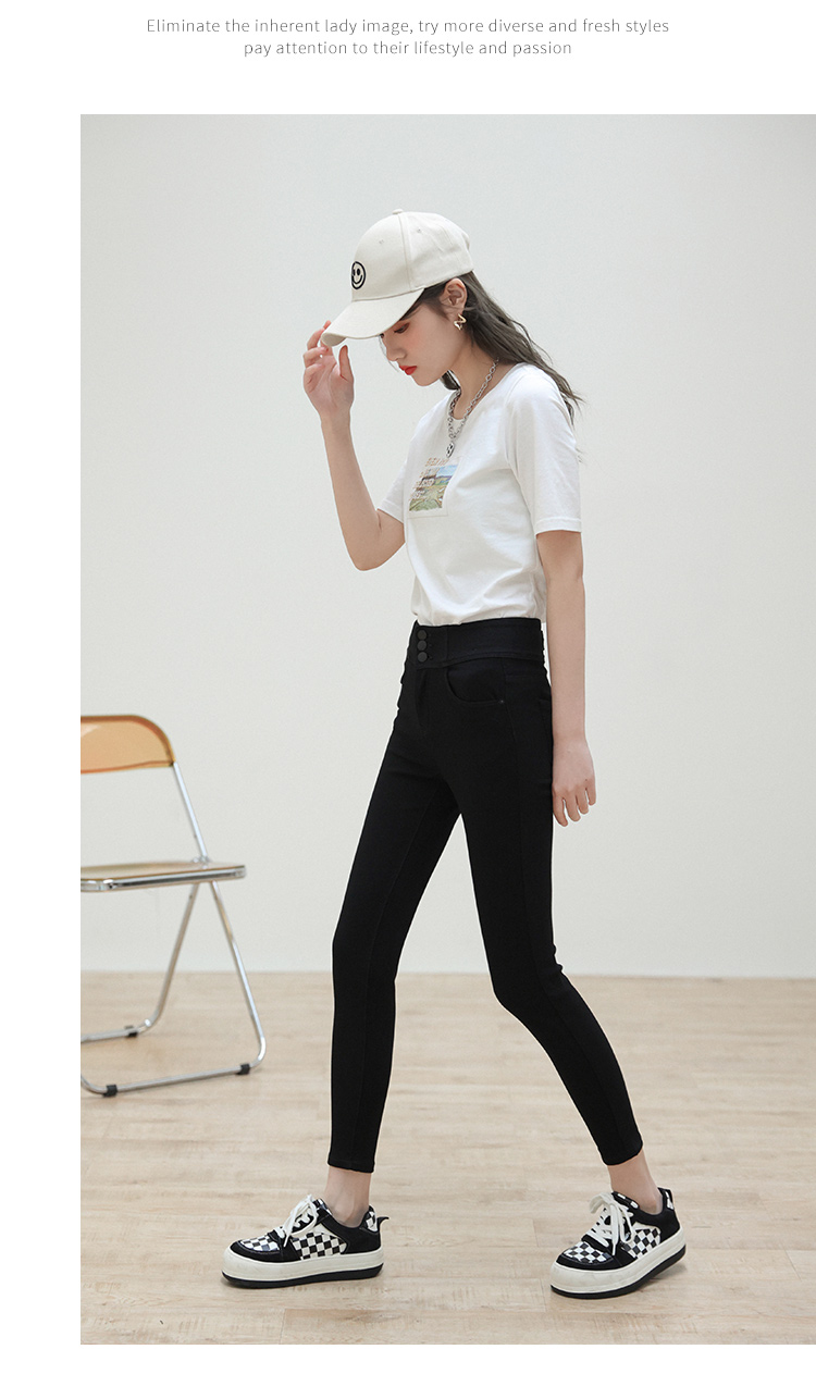 朵以2022春季新款牛仔裤百搭高腰弹力紧身撞色显瘦黑打底铅笔裤女37sc