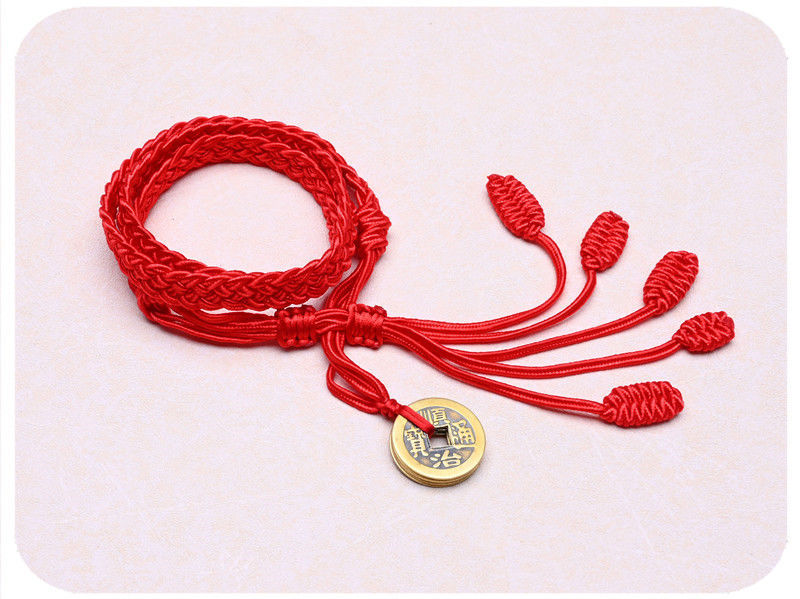 hnxc新品腰绳本命年铜钱红腰带五帝钱红腰链加粗加宽红腰绳胖子手工