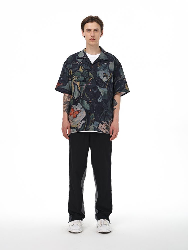 酷派罗 港风大码油画花朵满印垂感宽松男女同款古巴领短袖衬衫情侣