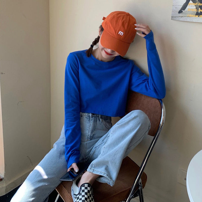 百搭纯色长袖t恤打底ins潮韩版露脐短款学生上衣浅蓝色m建议70100斤