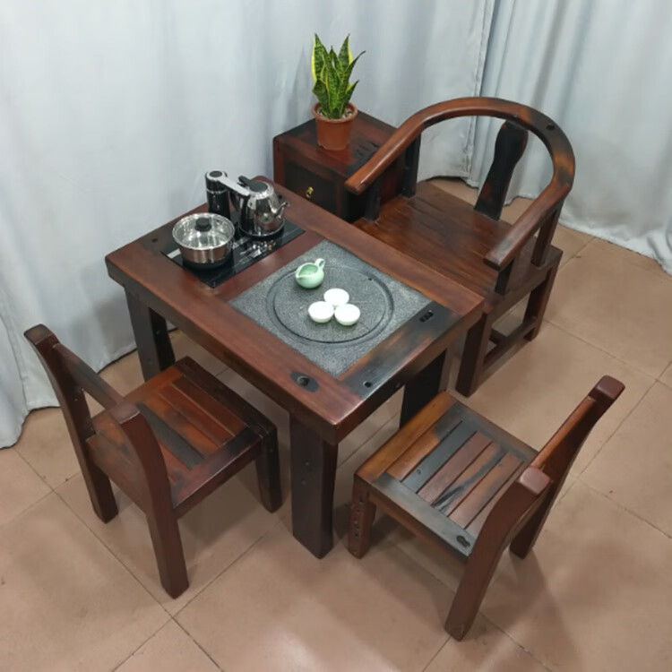 茶桌椅组合 小型老船木茶桌椅组合实木仿古茶台简约茶几阳台户外小