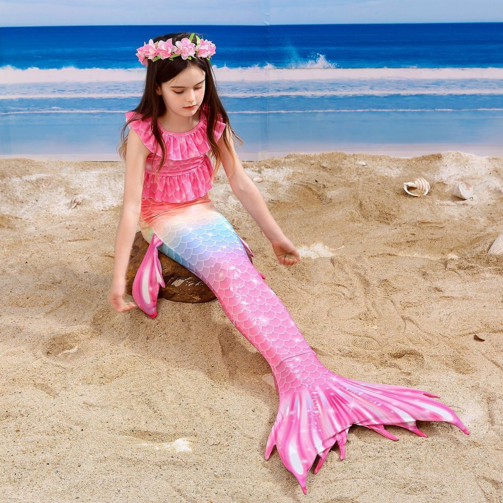 普美蒂尾巴泳衣女童分体儿童游泳演出套装女孩中大童学生泳装服装 110