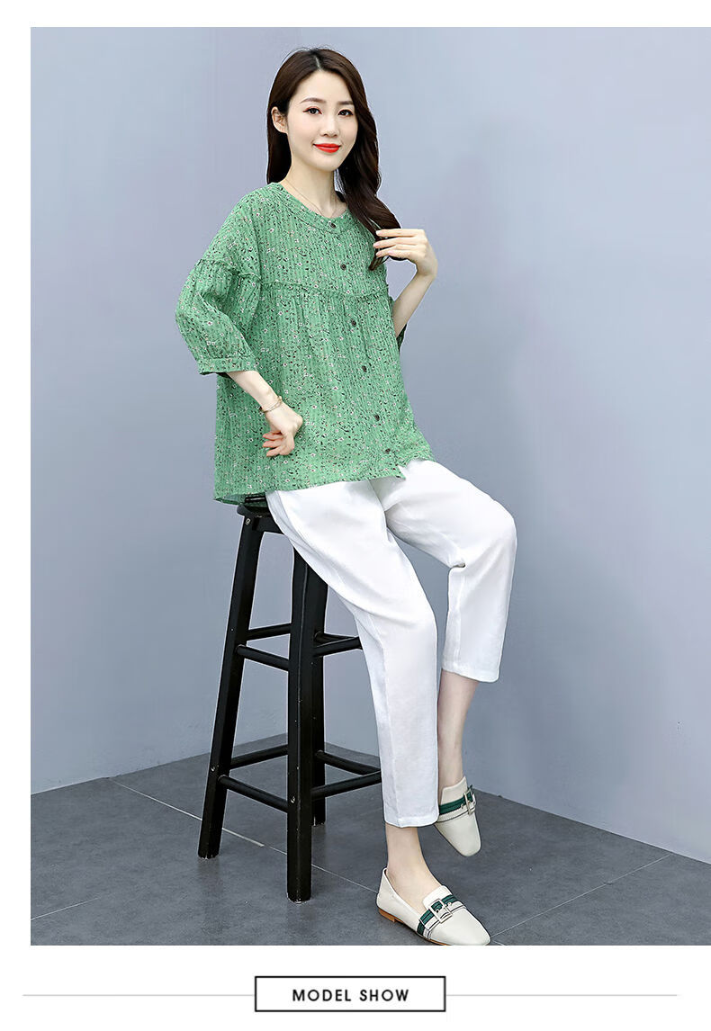 素订棉麻女装官方素素 棉麻时尚套装裤女2022夏装新款女装韩版圆领