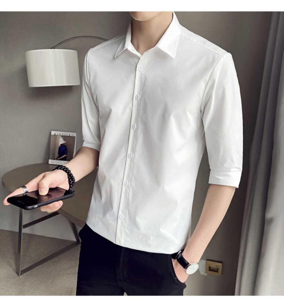 啄木鸟秋冬季男装夏季短袖衬衫五分袖韩版潮流休闲帅气男衬衣白色上班