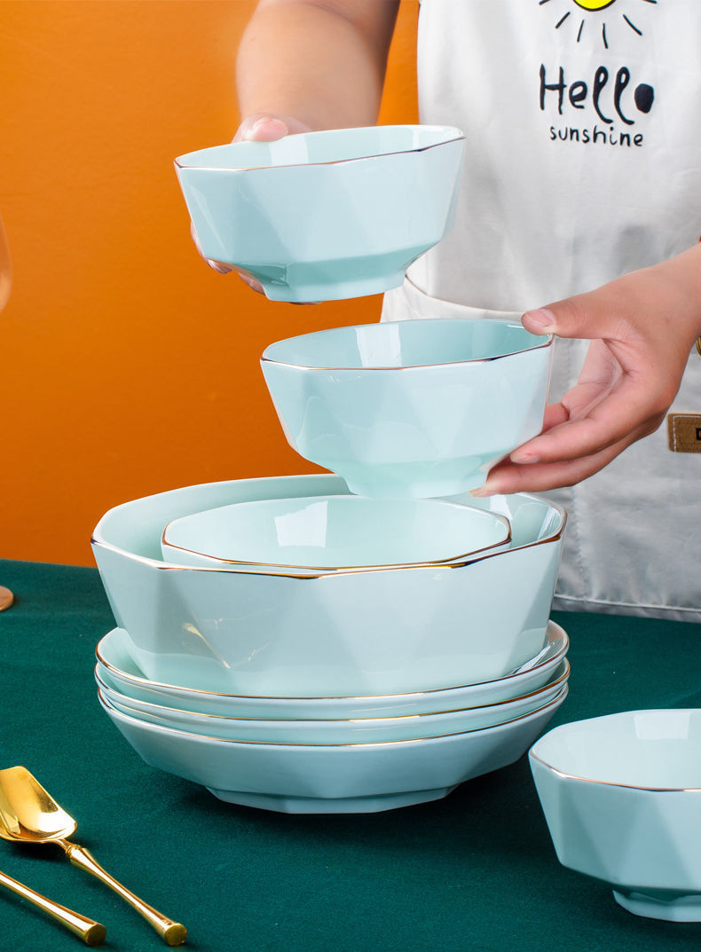 陶瓷米饭碗瓷碗家用饭碗ins风高颜值泡面碗汤碗5英寸碗具组合青瓷钻石