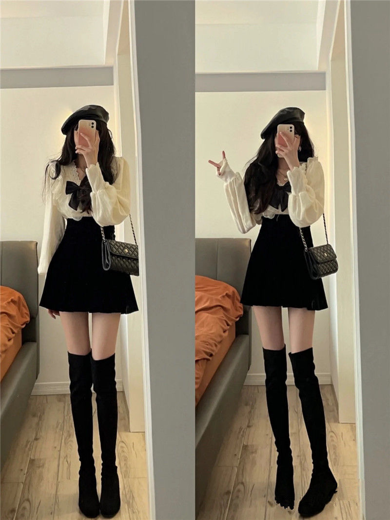 洋气衬衫秋冬2021蝴蝶结拼接蕾丝内搭外穿上衣百褶短套装女米白色上衣