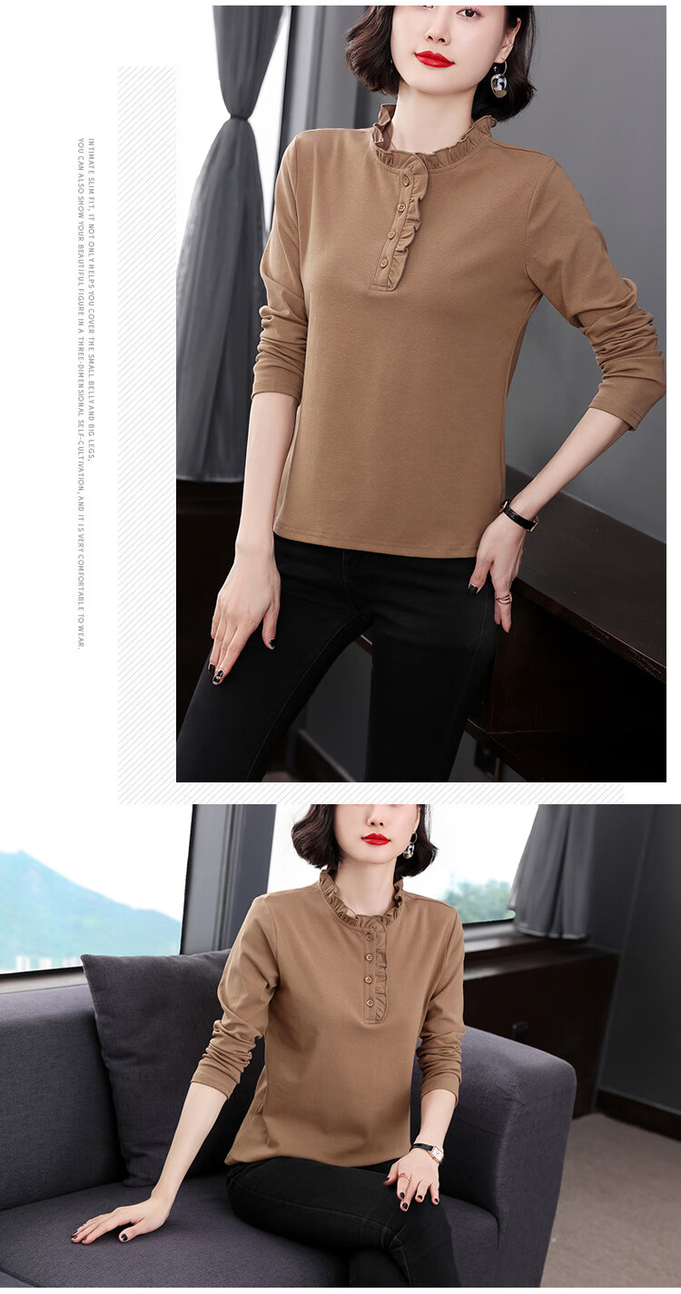 菲姿女装品牌同款抖音黑色棉质t恤女秋装2021年潮款宽松内搭打底衫