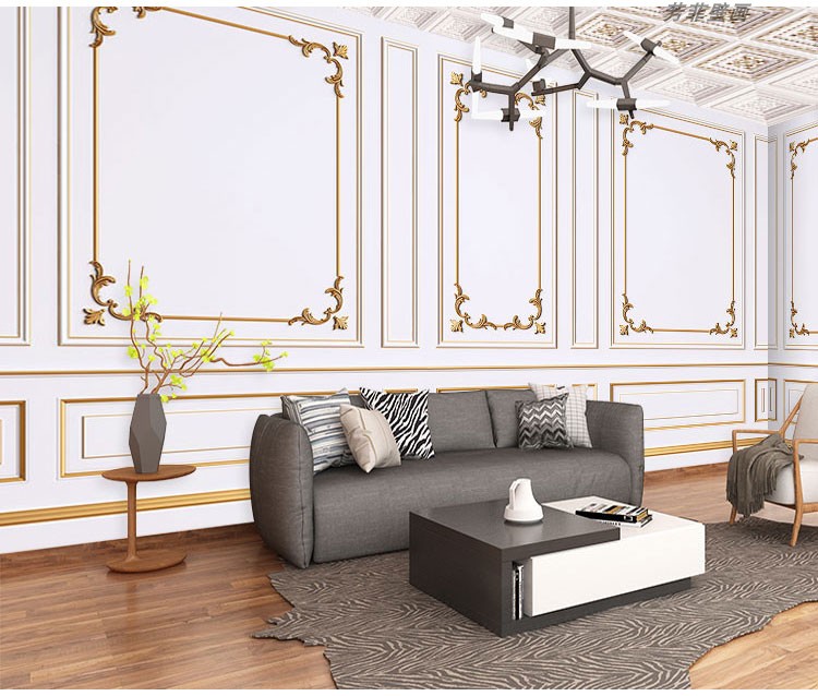 墙布无缝全屋欧式3d立体石膏线墙纸卧室轻奢法式电视背景墙布欧式无缝