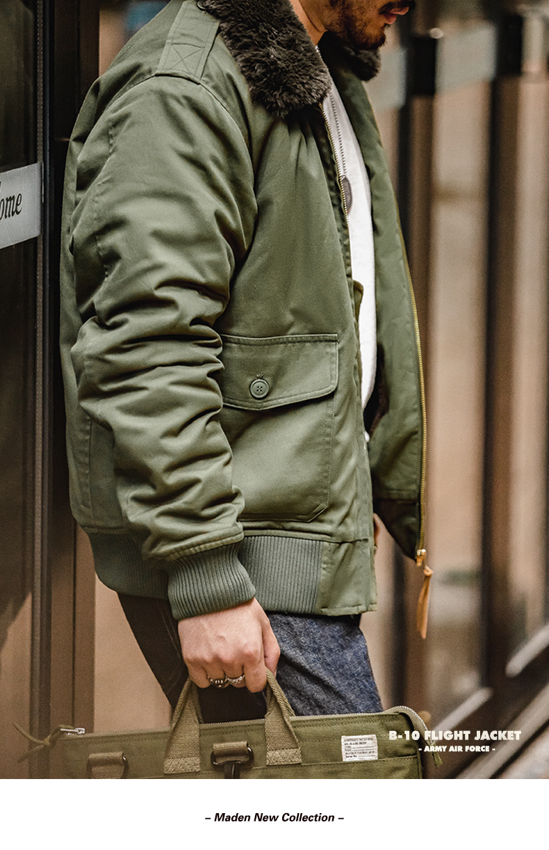 马登工装美式复古毛领b10飞行员夹克加厚保暖棉衣外套男冬季军绿s
