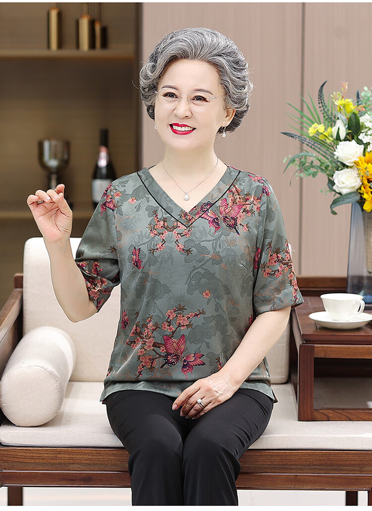 俞兆林中老年人夏装女奶奶装短袖真丝t恤60岁70妈妈桑蚕丝老太太洋气